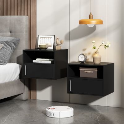 Set of 2 Wall Mounted Nightstand, Wood Floating Bedside Table, End Table Cabinet, Black