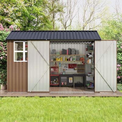 10' x 10' Hinge Portal Outdoor Storage Shed with Lockable Door, Vent and Sloping Roof, Brown