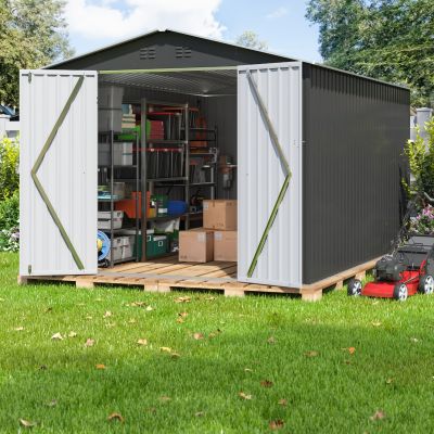 8' x 12' Outdoor Storage Shed, Metal Garden Shed, Utility Tool Shed with Lockable Doors, Gray