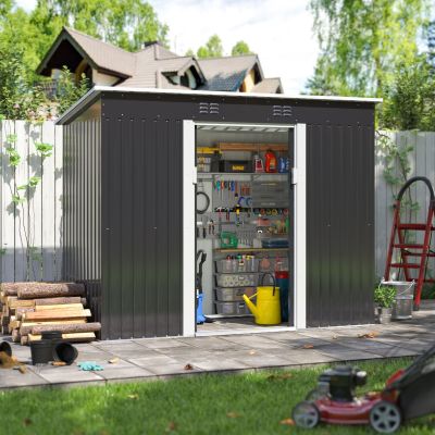 Upgraded 4.2' x 9.1' Outdoor Storage Shed, Steel Utility Tool Storage House with Lockable Sliding Door, Dark Gray