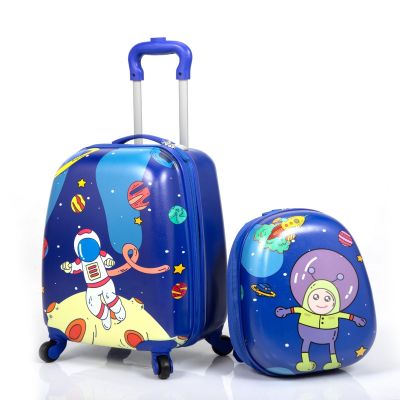 2 Pcs Kid Luggage Set, 12Backpack & 16Kid Carry on Suitcase with Spinner  Wheels, Travel Rolling Trolley for Boys and Girls, Gift for Toddlers  Children, Blue ( Astronaut )