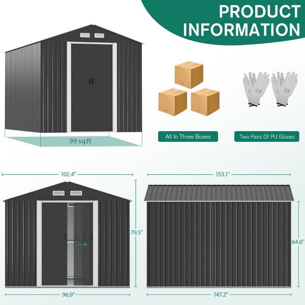 8' x 12' Outdoor Metal Storage Shed with Sliding Doors for Backyard ...